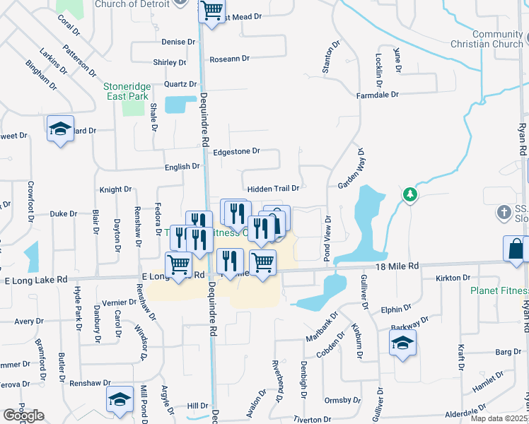 map of restaurants, bars, coffee shops, grocery stores, and more near 41431 Ambercrest Drive in Sterling Heights