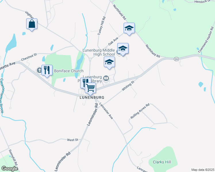 map of restaurants, bars, coffee shops, grocery stores, and more near 1025 Massachusetts Avenue in Lunenburg