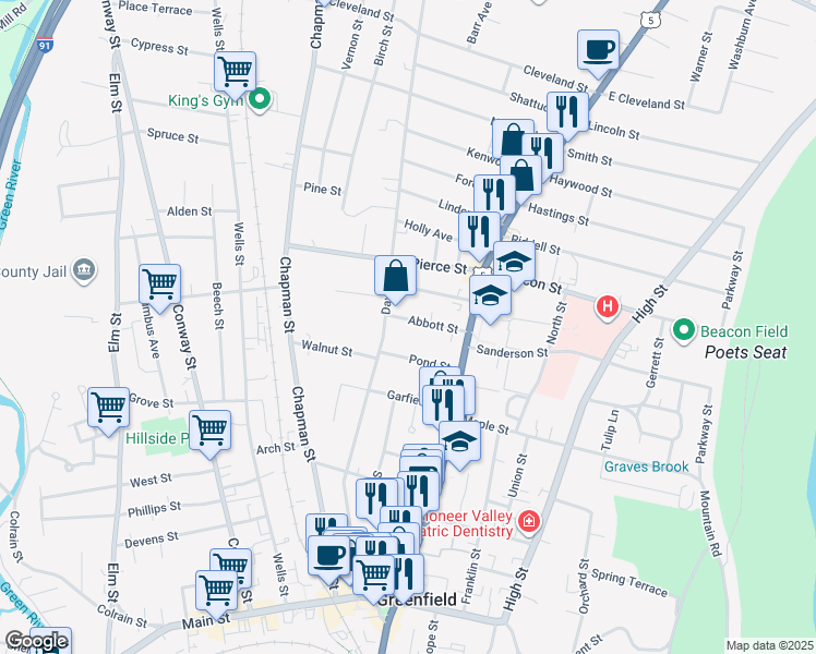 map of restaurants, bars, coffee shops, grocery stores, and more near 32 Abbott Street in Greenfield
