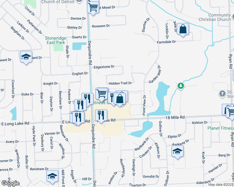 map of restaurants, bars, coffee shops, grocery stores, and more near 41431 Ambercrest Drive in Sterling Heights