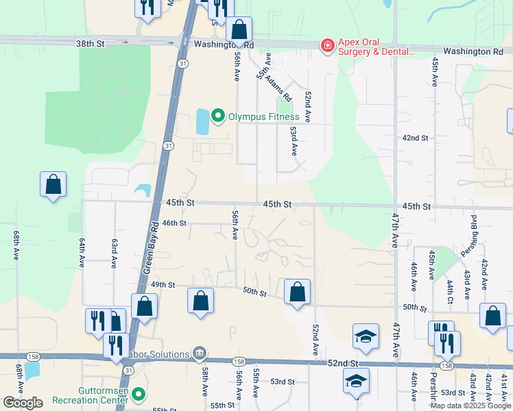 map of restaurants, bars, coffee shops, grocery stores, and more near 5415 45th Street in Kenosha