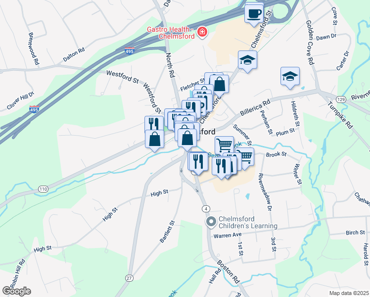 map of restaurants, bars, coffee shops, grocery stores, and more near 30 Central Square in Chelmsford