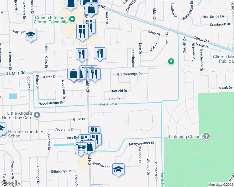 map of restaurants, bars, coffee shops, grocery stores, and more near 17221 Eleir Drive in Clinton Township