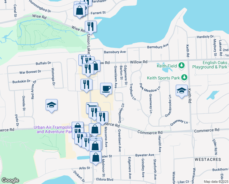map of restaurants, bars, coffee shops, grocery stores, and more near 2722 Greenlawn Avenue in Commerce Charter Township