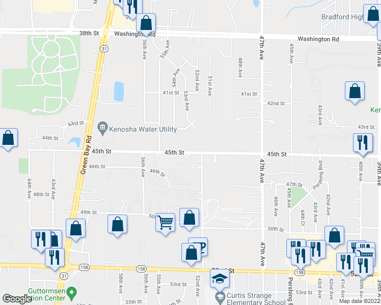 map of restaurants, bars, coffee shops, grocery stores, and more near 5215 45th Street in Kenosha