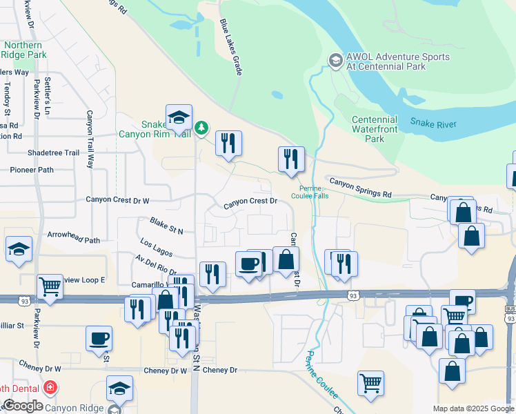 map of restaurants, bars, coffee shops, grocery stores, and more near 2005 Rivercrest Drive in Twin Falls