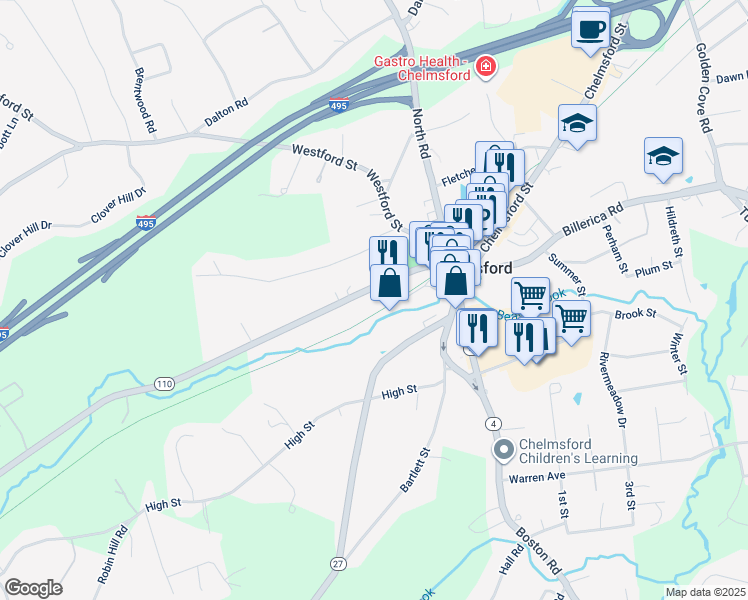 map of restaurants, bars, coffee shops, grocery stores, and more near 14 Littleton Road in Chelmsford