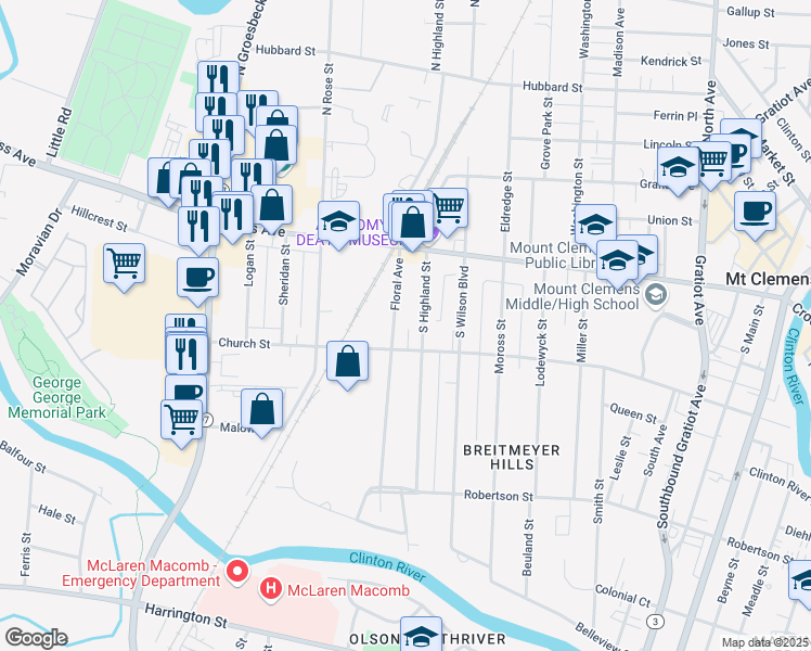 map of restaurants, bars, coffee shops, grocery stores, and more near 60 Floral Avenue in Mount Clemens