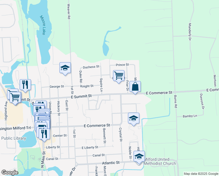 map of restaurants, bars, coffee shops, grocery stores, and more near 865 East Summit Street in Milford Charter Township