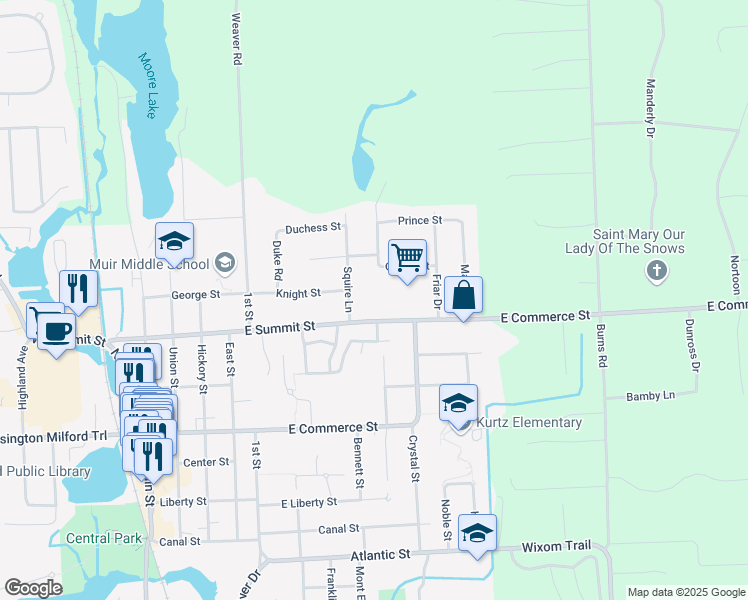 map of restaurants, bars, coffee shops, grocery stores, and more near 865 East Summit Street in Milford Charter Township