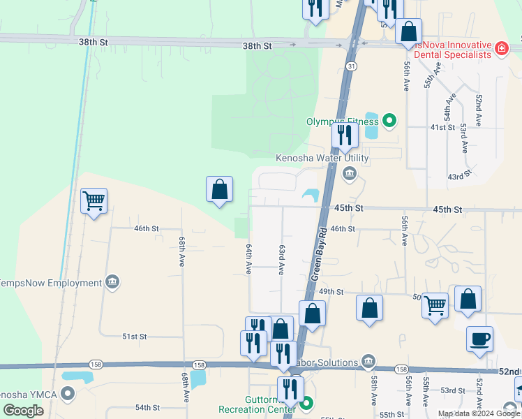 map of restaurants, bars, coffee shops, grocery stores, and more near 4511 64th Avenue in Kenosha
