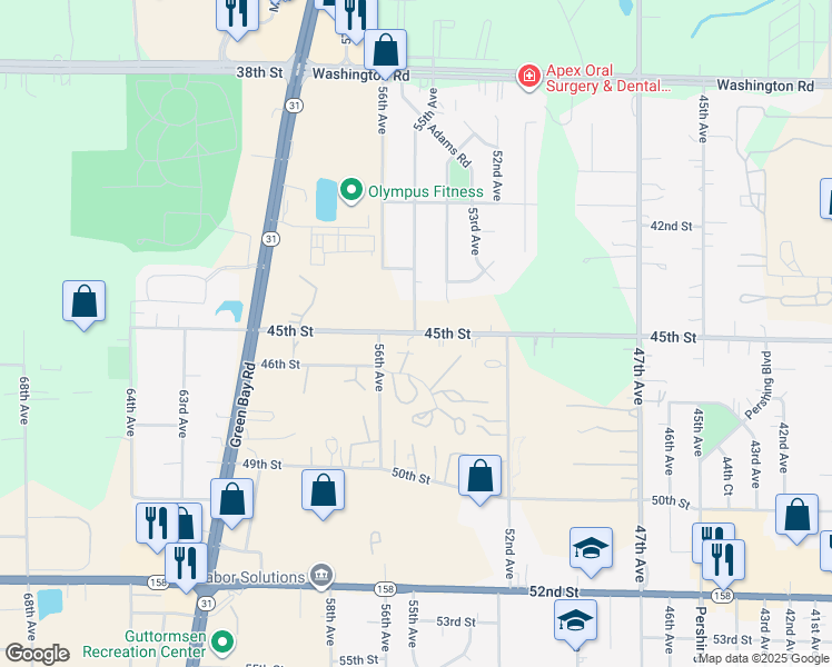 map of restaurants, bars, coffee shops, grocery stores, and more near 5411 45th Street in Kenosha