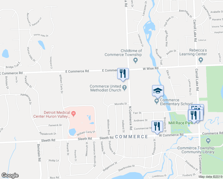 map of restaurants, bars, coffee shops, grocery stores, and more near 5020 Whitlow Court in Commerce Charter Township