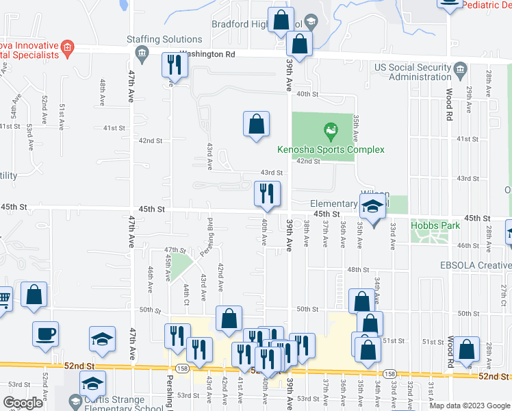 map of restaurants, bars, coffee shops, grocery stores, and more near 4000 45th Street in Kenosha