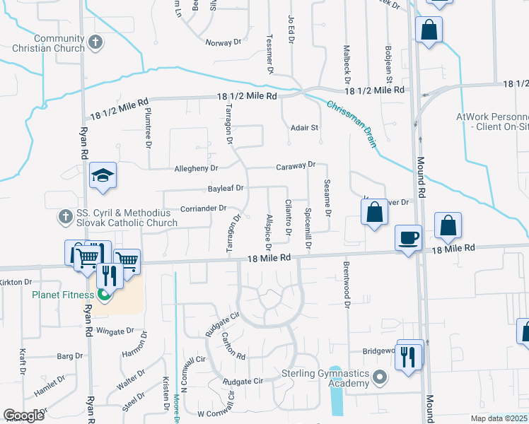 map of restaurants, bars, coffee shops, grocery stores, and more near 41230 Allspice Drive in Sterling Heights