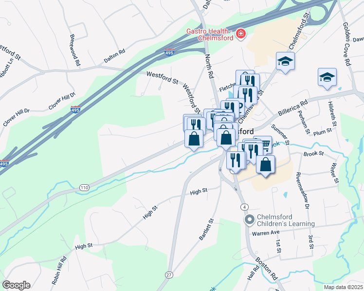 map of restaurants, bars, coffee shops, grocery stores, and more near 62 Littleton Road in Chelmsford