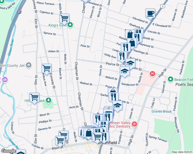 map of restaurants, bars, coffee shops, grocery stores, and more near 202 Davis Street in Greenfield