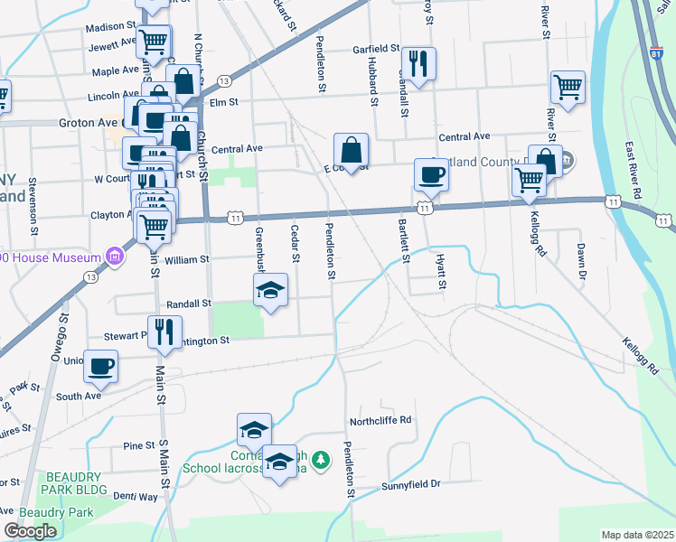 map of restaurants, bars, coffee shops, grocery stores, and more near 105 Pendleton Street in Cortland