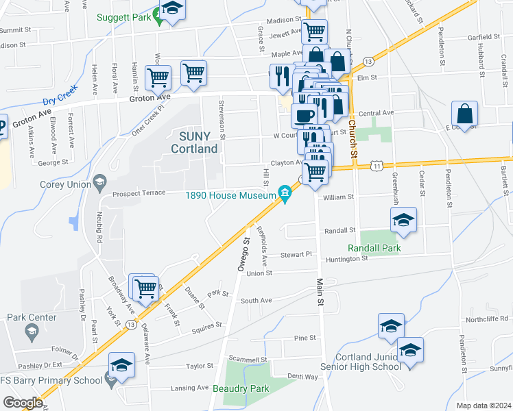 map of restaurants, bars, coffee shops, grocery stores, and more near 45 Tompkins Street in Cortland