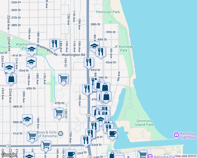 map of restaurants, bars, coffee shops, grocery stores, and more near 806 45th Street in Kenosha
