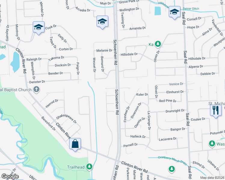 map of restaurants, bars, coffee shops, grocery stores, and more near 13585 Trotters Lane in Sterling Heights