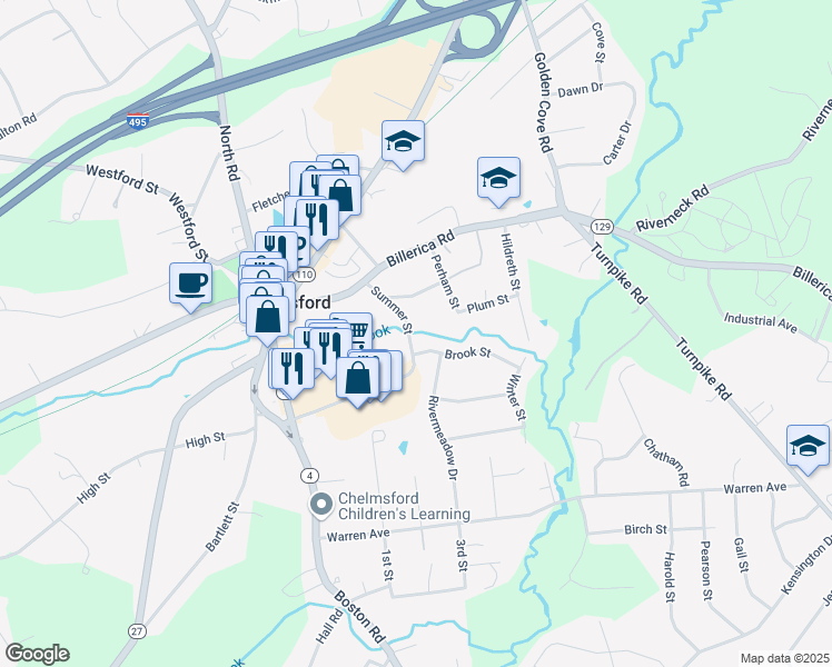 map of restaurants, bars, coffee shops, grocery stores, and more near 25 Summer Street in Chelmsford