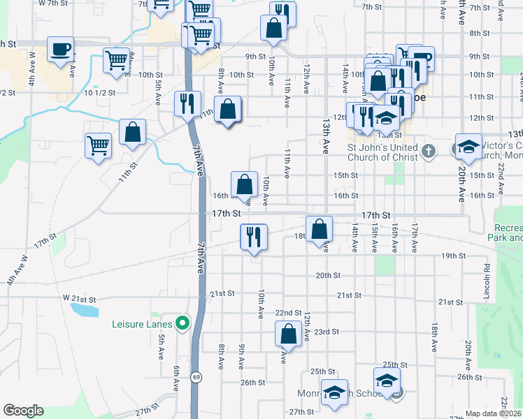 map of restaurants, bars, coffee shops, grocery stores, and more near 916 17th Street in Monroe