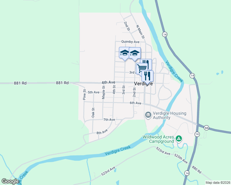 map of restaurants, bars, coffee shops, grocery stores, and more near 5th Avenue in Verdigre