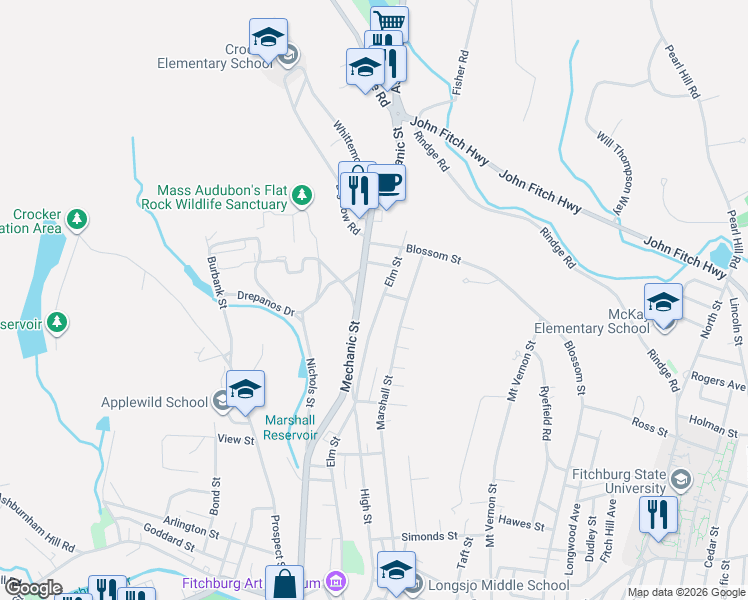 map of restaurants, bars, coffee shops, grocery stores, and more near 547 Elm Street in Fitchburg
