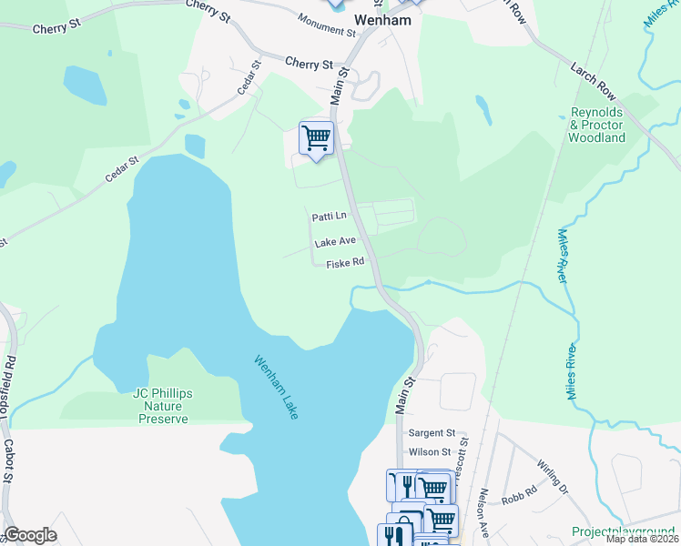 map of restaurants, bars, coffee shops, grocery stores, and more near 11 Fiske Road in Wenham
