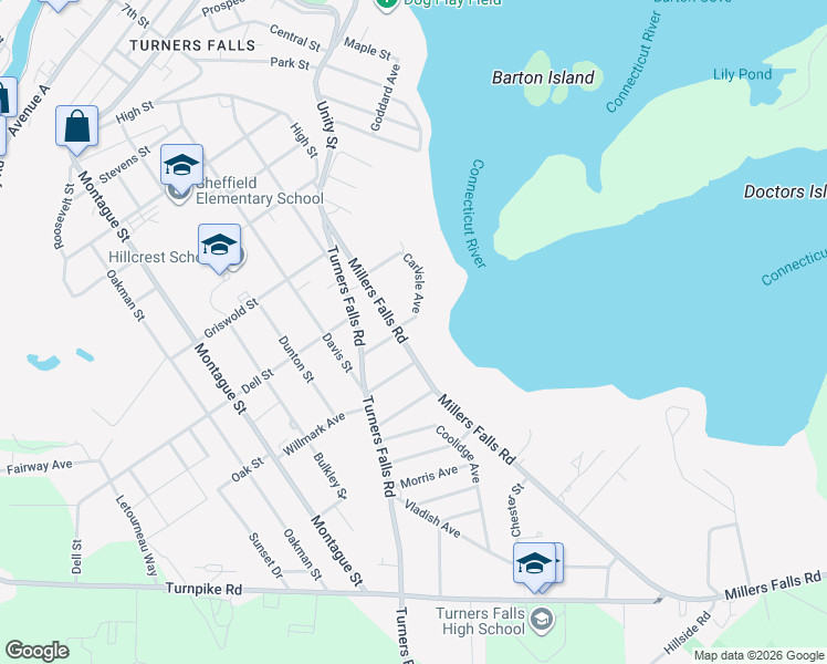 map of restaurants, bars, coffee shops, grocery stores, and more near 65 Millers Falls Road in Montague