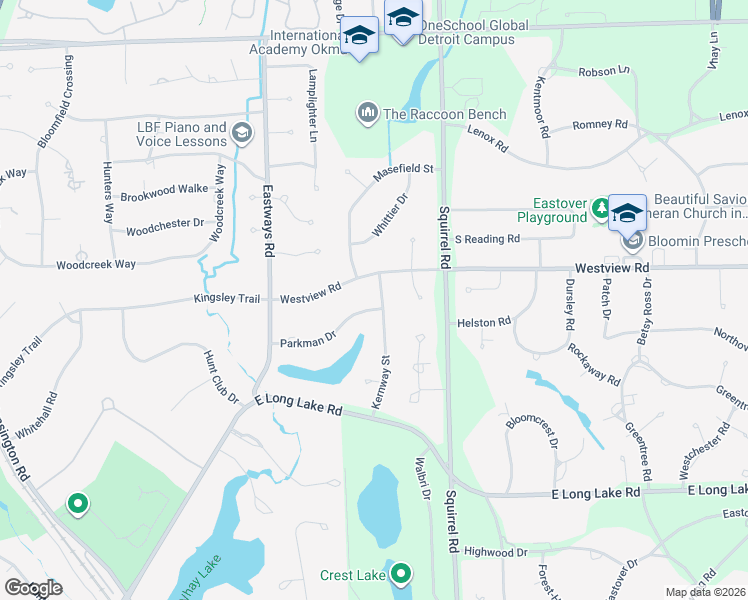 map of restaurants, bars, coffee shops, grocery stores, and more near 736 Parkman Drive in Bloomfield Hills
