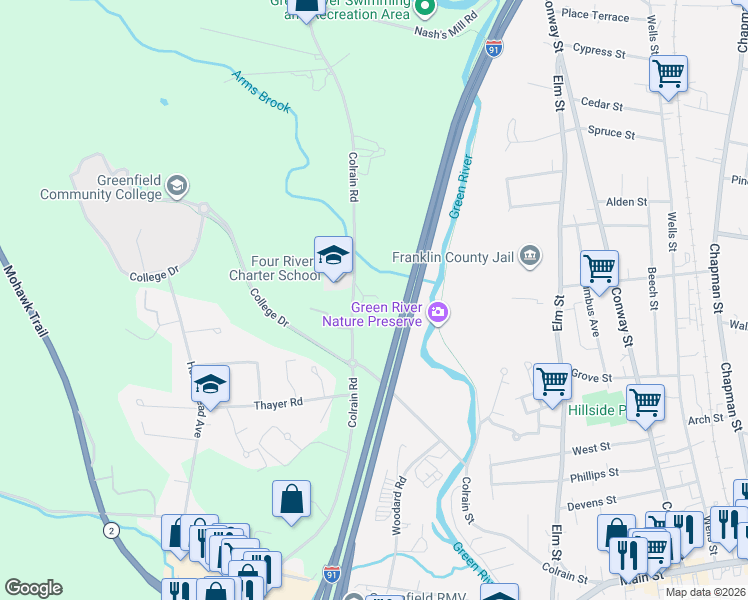 map of restaurants, bars, coffee shops, grocery stores, and more near 227 Colrain Road in Greenfield