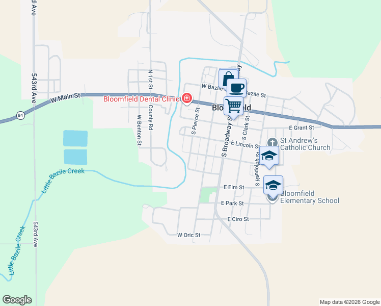 map of restaurants, bars, coffee shops, grocery stores, and more near West Benton Street in Bloomfield