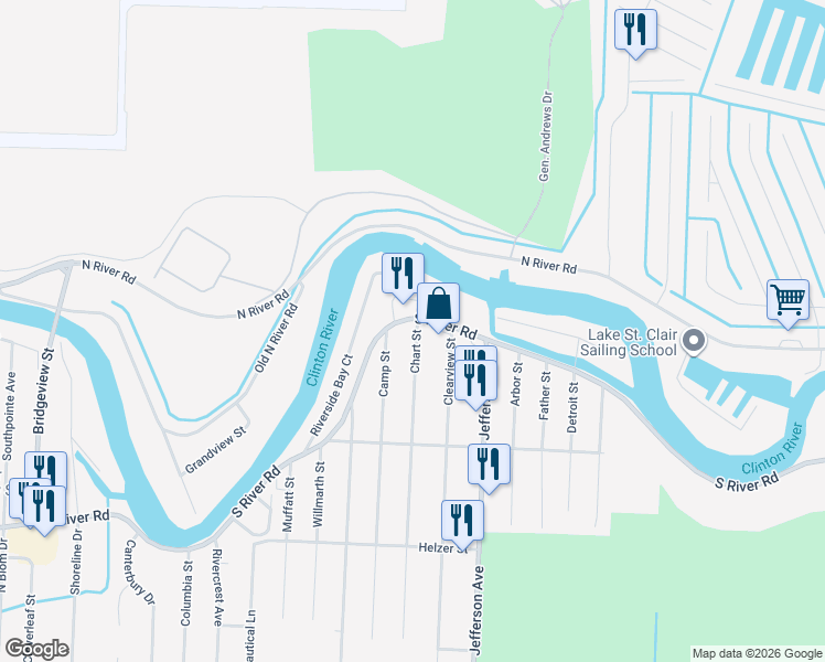 map of restaurants, bars, coffee shops, grocery stores, and more near 39758 Chart Street in Harrison Township