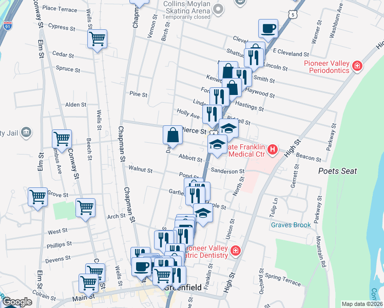 map of restaurants, bars, coffee shops, grocery stores, and more near 12 Abbott Street in Greenfield