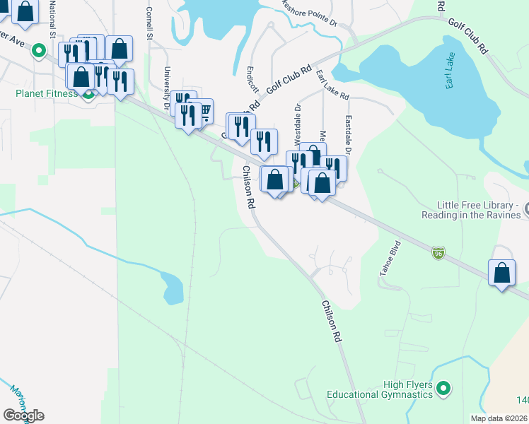 map of restaurants, bars, coffee shops, grocery stores, and more near 260 Chilson Road in Howell