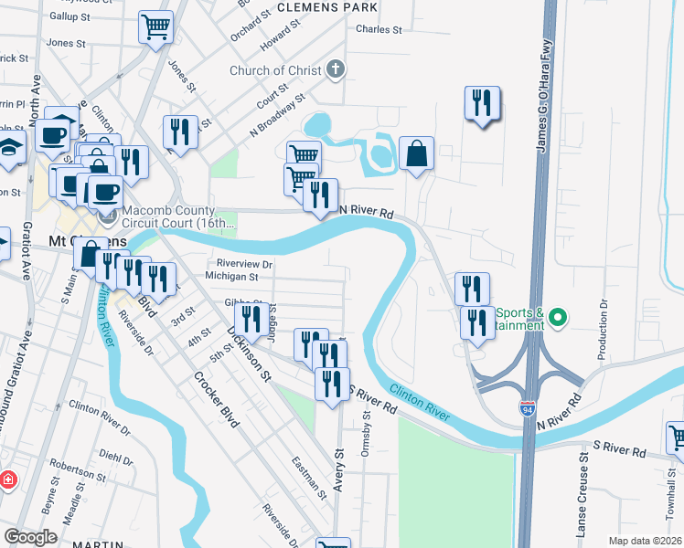 map of restaurants, bars, coffee shops, grocery stores, and more near 24 Michigan Street in Mount Clemens