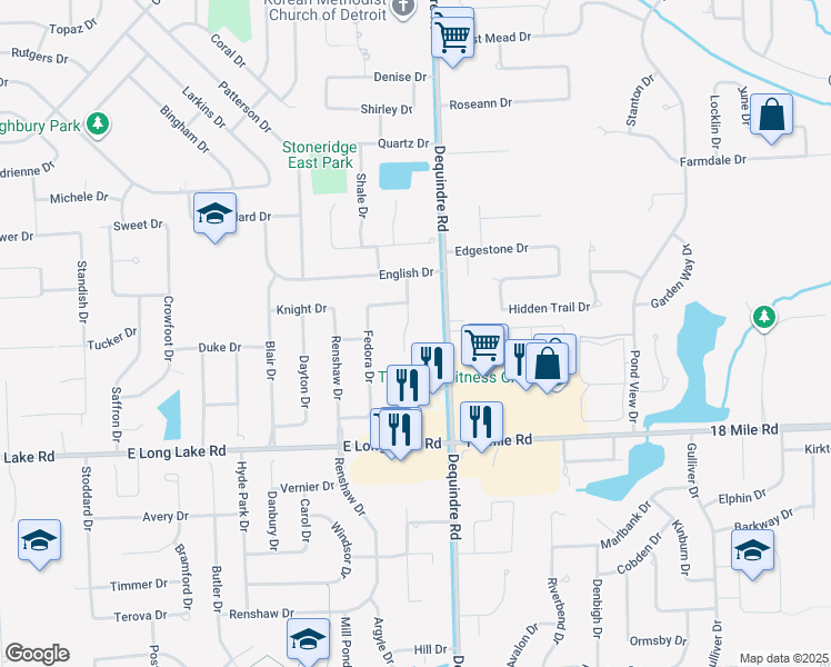 map of restaurants, bars, coffee shops, grocery stores, and more near 41251 Dequindre Road in Troy