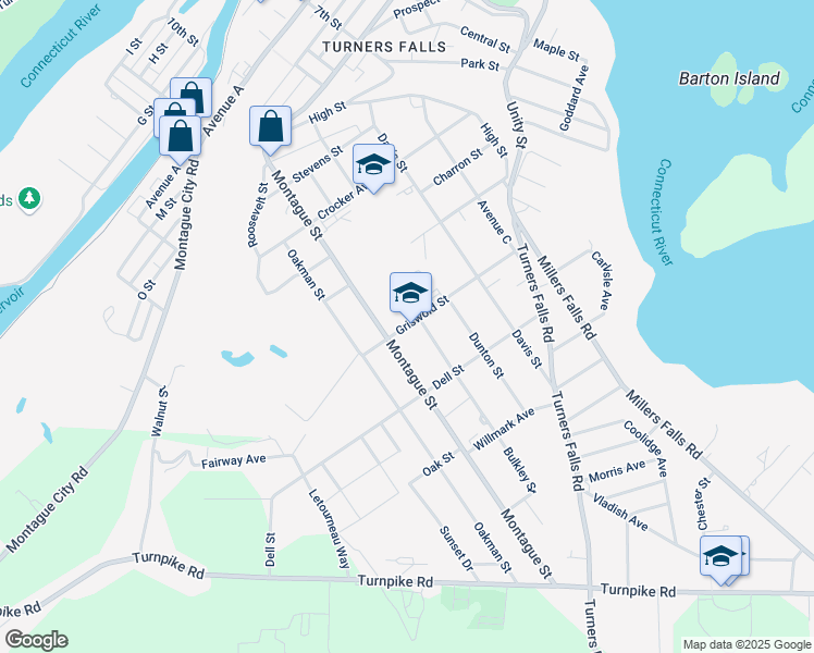 map of restaurants, bars, coffee shops, grocery stores, and more near 30 Griswold Street in Montague