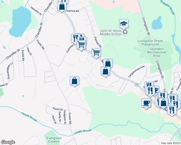 map of restaurants, bars, coffee shops, grocery stores, and more near 25 Villa Roma Drive in Tewksbury