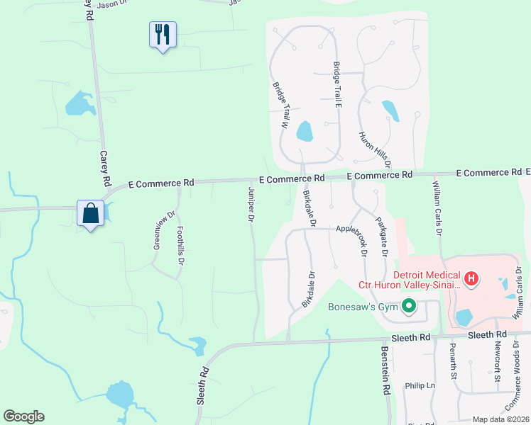map of restaurants, bars, coffee shops, grocery stores, and more near 5024 Juniper Drive in Commerce Charter Township
