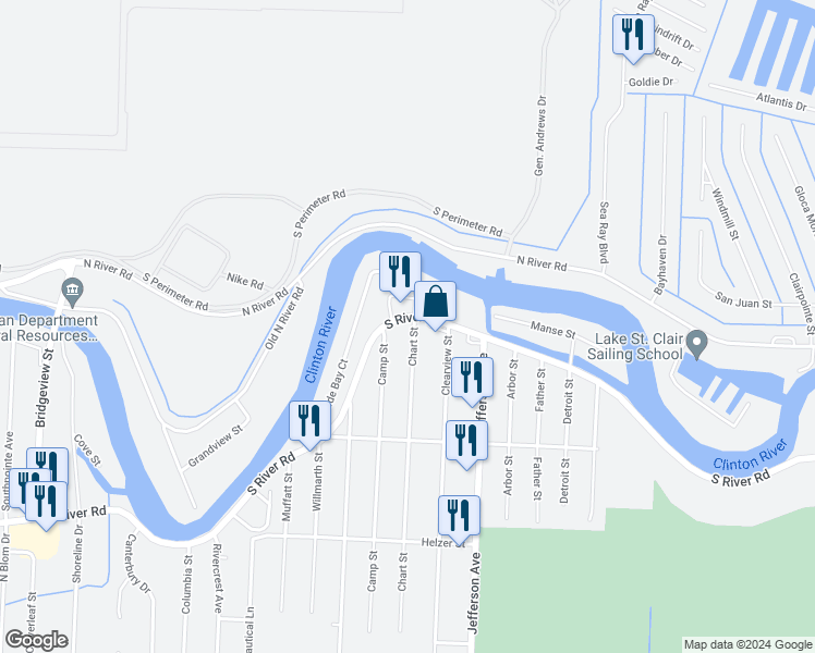map of restaurants, bars, coffee shops, grocery stores, and more near 30000 South River Road in Harrison charter Township