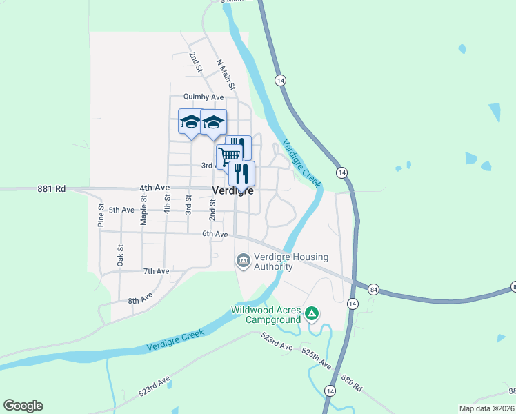 map of restaurants, bars, coffee shops, grocery stores, and more near 5th Avenue in Verdigre