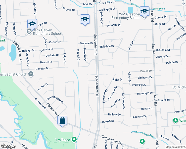 map of restaurants, bars, coffee shops, grocery stores, and more near 13556 Woodland Court in Sterling Heights