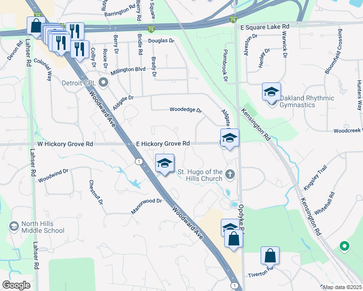 map of restaurants, bars, coffee shops, grocery stores, and more near 118 East Hickory Grove Road in Bloomfield Hills