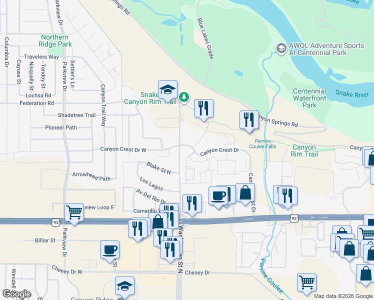 map of restaurants, bars, coffee shops, grocery stores, and more near 1943 Long Island Avenue in Twin Falls