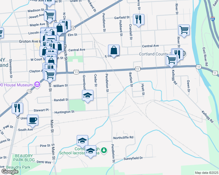 map of restaurants, bars, coffee shops, grocery stores, and more near 105 Pendleton Street in Cortland