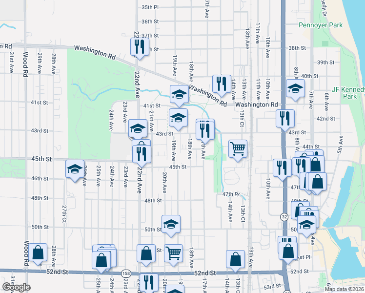 map of restaurants, bars, coffee shops, grocery stores, and more near 4417 19th Avenue in Kenosha