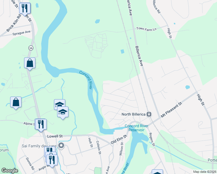 map of restaurants, bars, coffee shops, grocery stores, and more near 32 7 Oaks Road in Billerica
